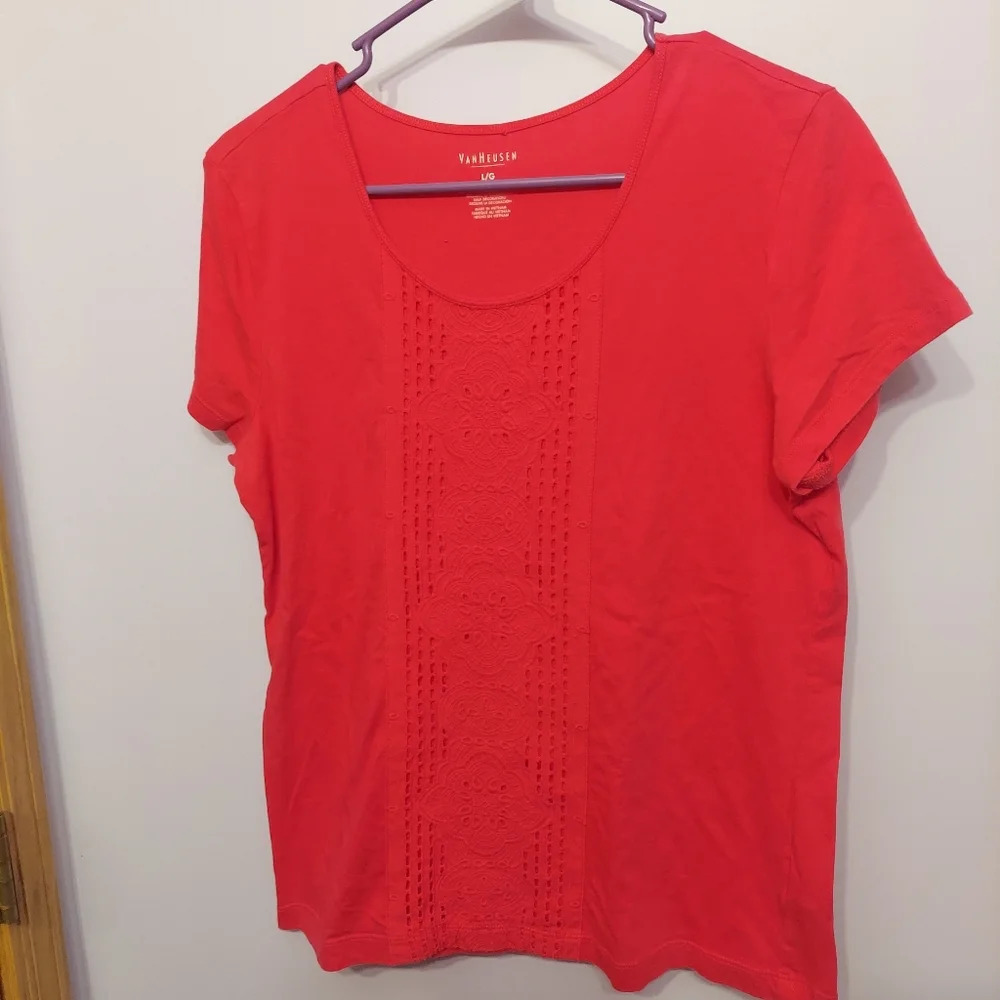 VanHeusen bright pink eyelet detail t shirt blouse tee basic soft Lg